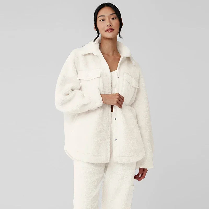 AL Coat for women Plush jacket Lapel shirt style Loose Casual White Fashion Coat Plush Medium long styles Pockets Jacket New