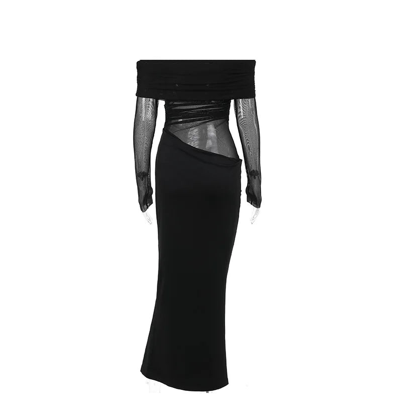 Y2k Summer New Solid Color Long Sleeve Off Shoulder Dresses Sexy Wrap Hip Mesh See Through Ruched Patchwork Long Dress 2024 New