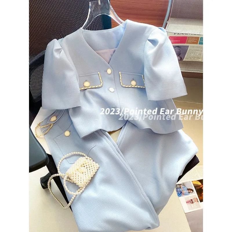 Suits for Women Tracksuit Two Piece Set V Neck Short Sleeve Coat Ropa Club Wide Leg Tailored Trousers Casual Pants Sets