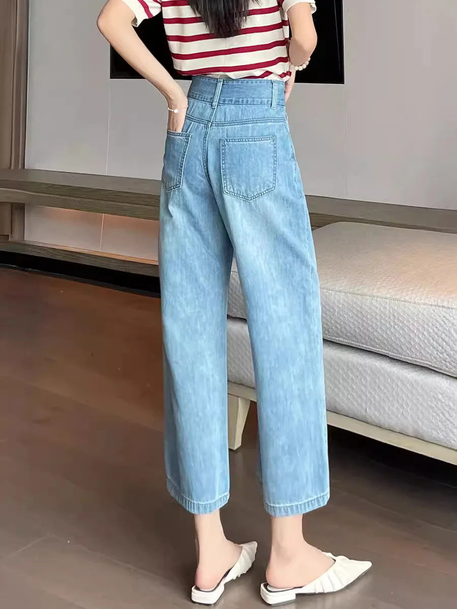 Jeans Female Spring and Summer New High-Waisted Straight Pants Small Wide-Legged Pants Summer Thin Section Nine Pants Casual