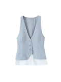 TRZA Women's Fashion Striped Patchwork Vest Sleeveless V-Neck Waistcoat Chic Outerwear Front Button Chic Vest Tops