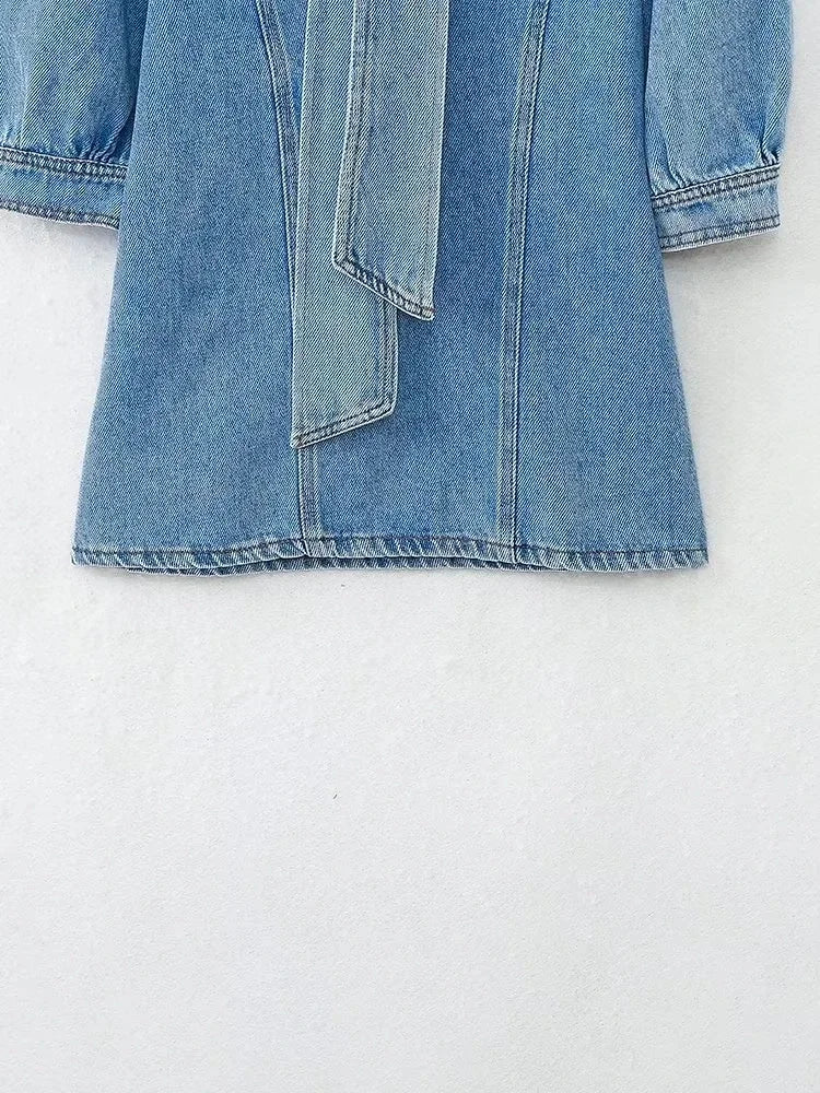 2025 Women Blouse Fashion New Bowtie Neckline Denim Shirt Casual Loose Fitting Long Sleeves Woman Blouses And Shirts Top