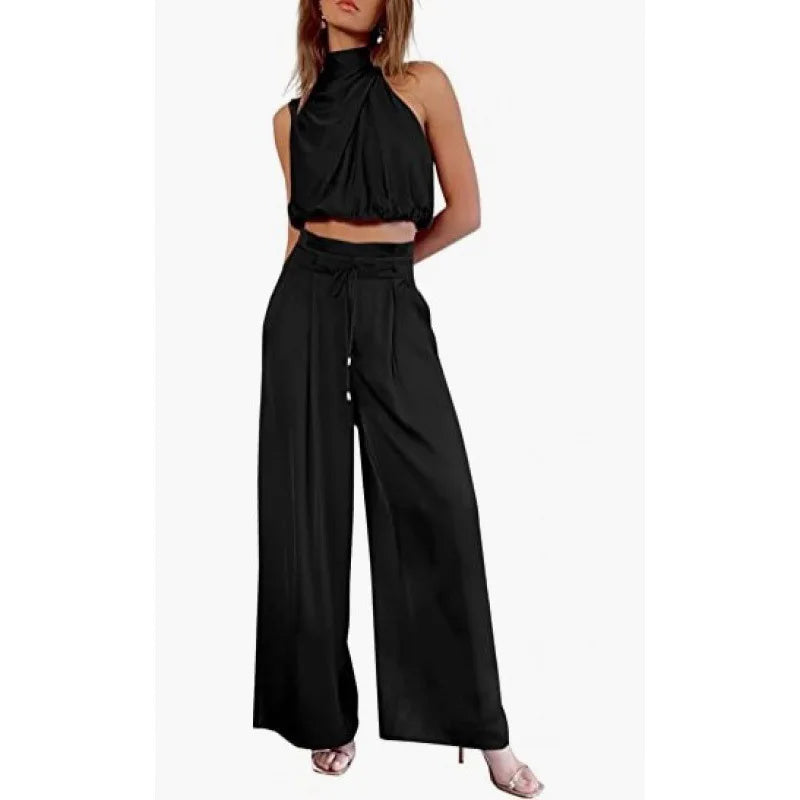 Women's Two Piece Pants Sets Open Navel Outfit Silk Pleated Texture Sleeveless Top Wide Leg Pants Set Summer Matching Sets 2024