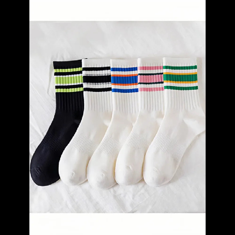 1/5/10 Pairs women's and men's white sock, mid length socks, Korean version socks, striped autumn and winter casual sports sock