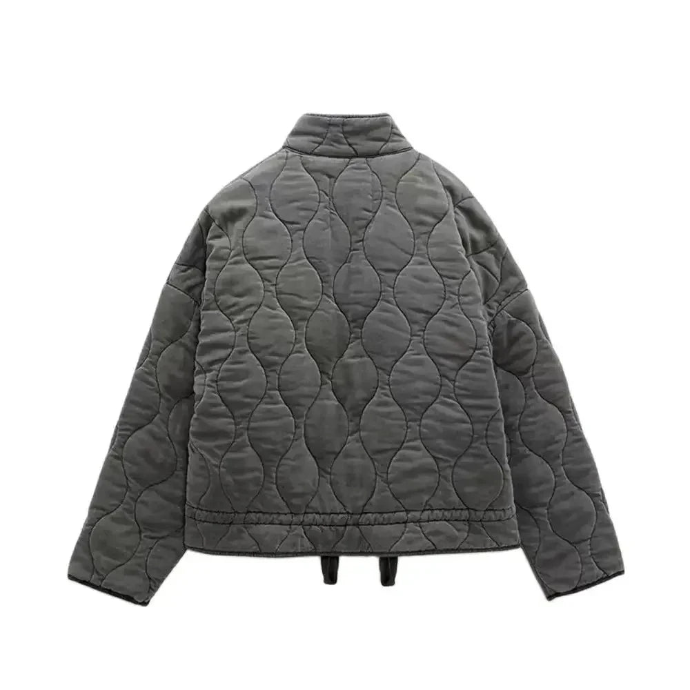 TRAF Women's Diamond Check Cotton Jacket Round Neck Loose Long Sleeve Zip Cotton Jacket Vintage Street Fashion Pocket Warm Top