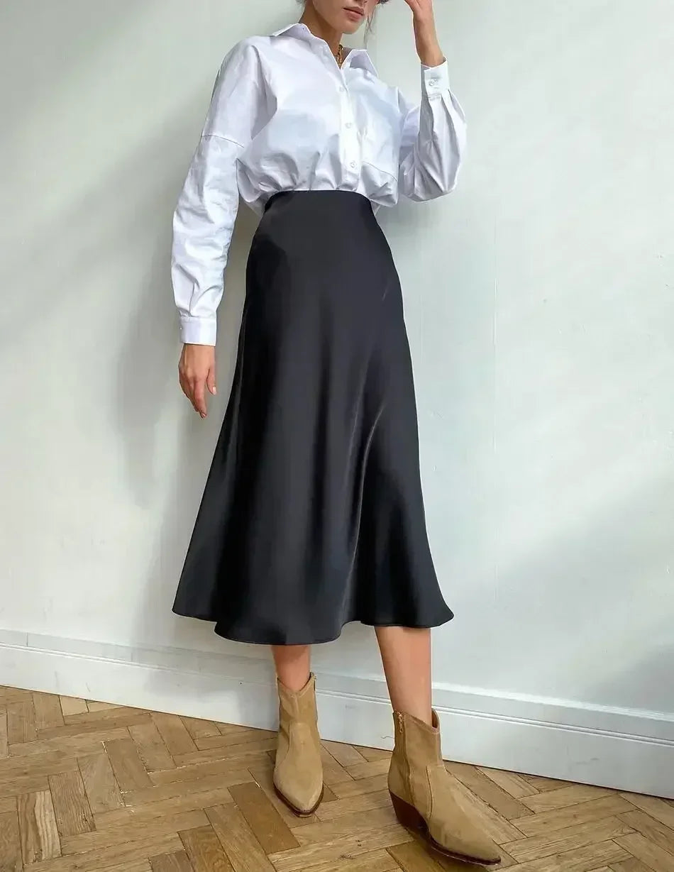 Fashion Women's Skirt A-line Silk High Waist Elegant Skirts Green Blue Long Summer Skirts Korean Side Zipper Office Satin Skirt