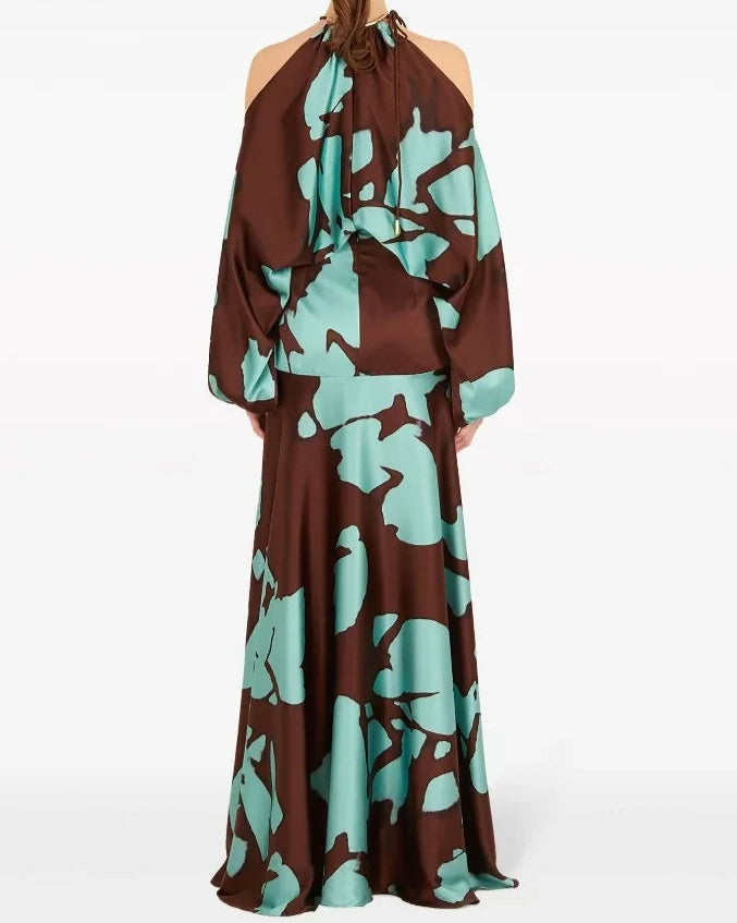 Evening Dresses Vacation Style Elegant Socialite Printed Off Shoulder Slit Dress