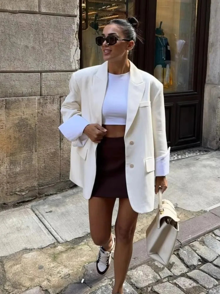 Elegant Blazer Coat For Women Fashion Pockets Lapel Oversized Suit Jackets 2025 New Autumn Office Lady Casual Loose Outerwear