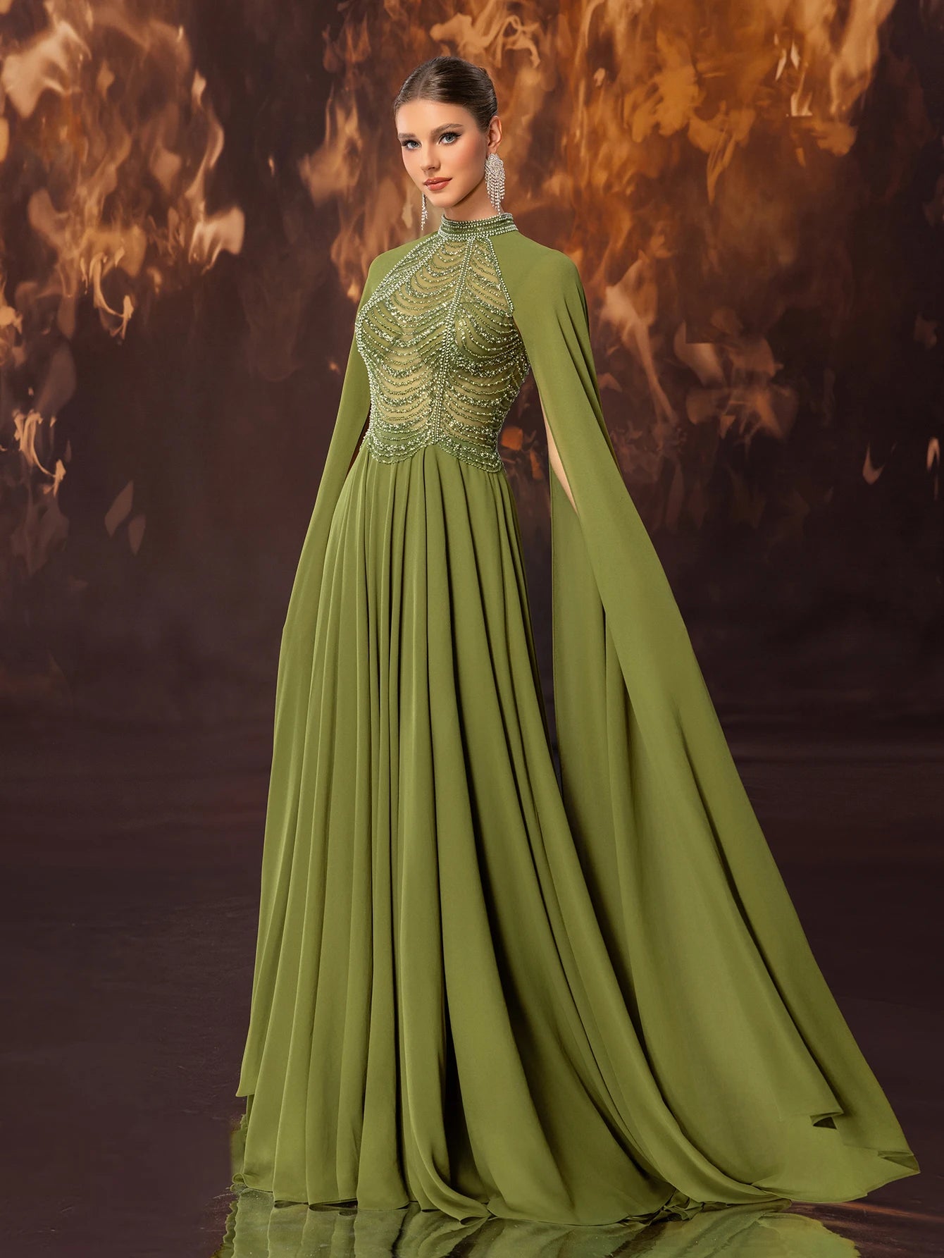 Ladies' formal banquet evening dress, high-end and gorgeous chiffon nail bead stand up collar, ultra long sleeve evening dress