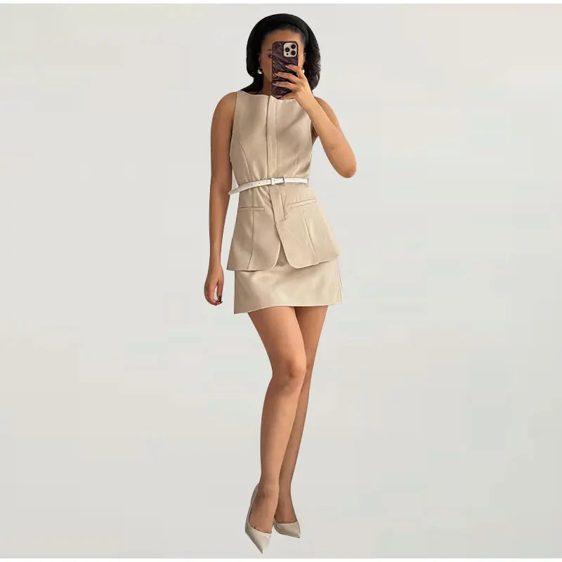 Casual Mini Dress Women Belt Slim Spring Summer O-neck Sleeveless Top Above Knee Skirt Sets Woman Vintage Fake Two Pieces Lady