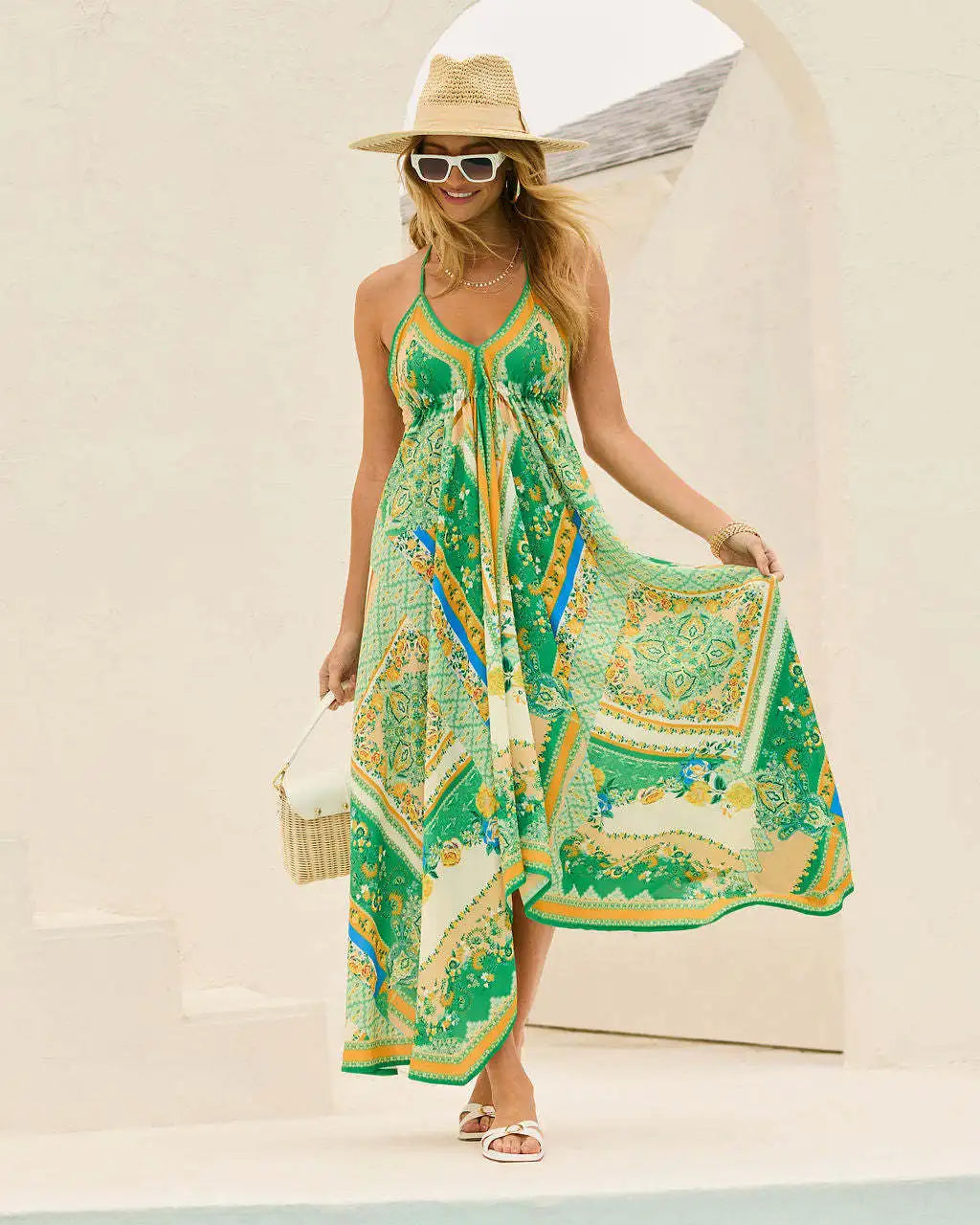 Women's Summer V-neck Halter Bohemian Floral Long Dress,Women Clothing,Red Dress,Sexy Dress Women,Sundress,Beach Dresses
