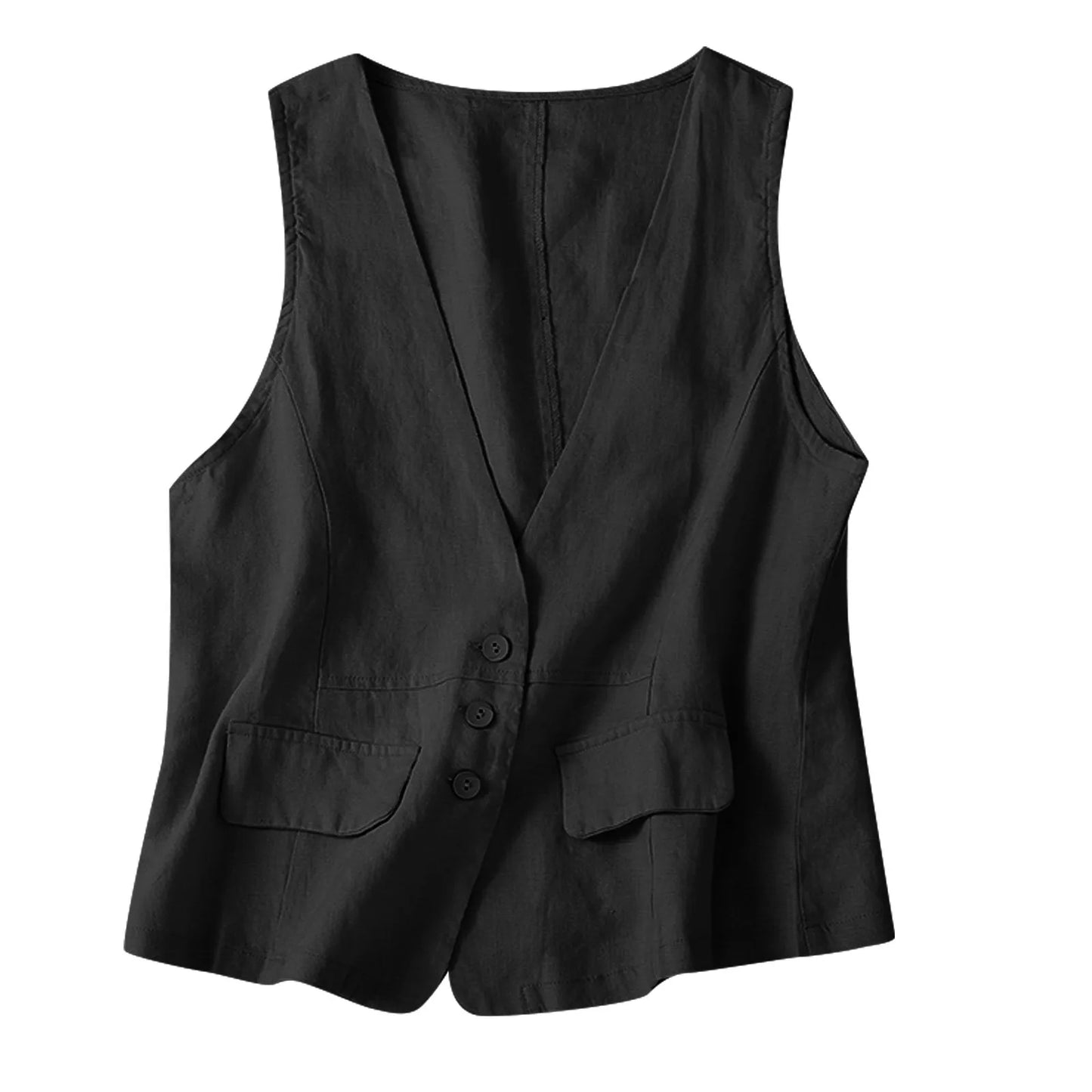 Vintage Vest Summer Top Deep V-Neck Solid Waistcoat Casual Sleeveless Tank Tops Cotton Linen Thin Outerwear Vest Coat Women
