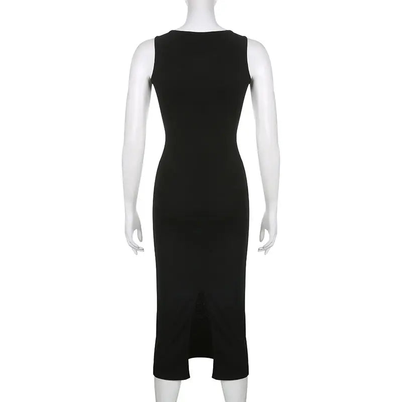 Temperament Square Neck Long Dress for Women Sexy Solid Screw Thread Sleeveless Split Dresses Slim Pullover Office Lady Vestidos