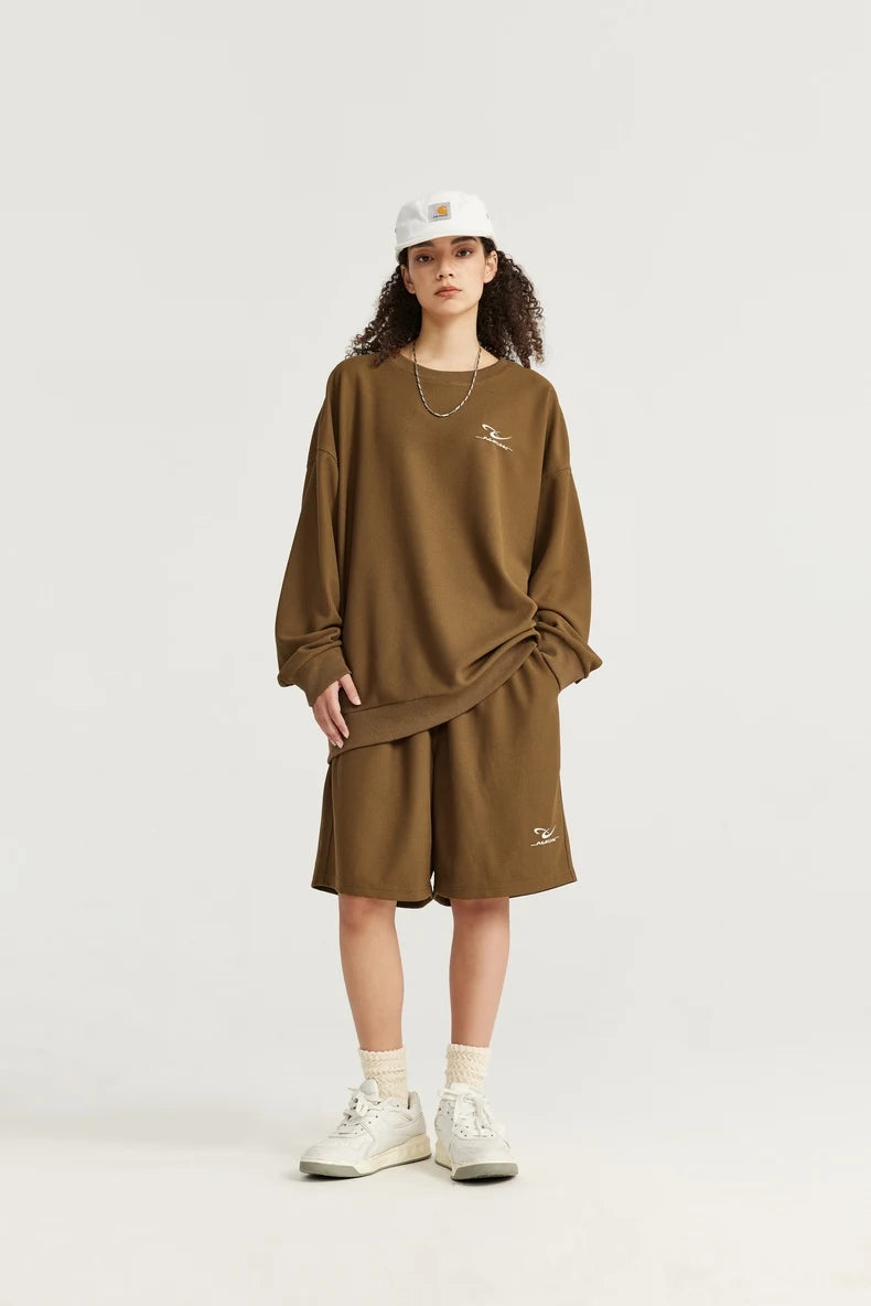 INFLATION Spring Oversized Tracksuit Sportswear Unisex Pique Fabric Embroidery Long Sleeve Tees and Shorts Set