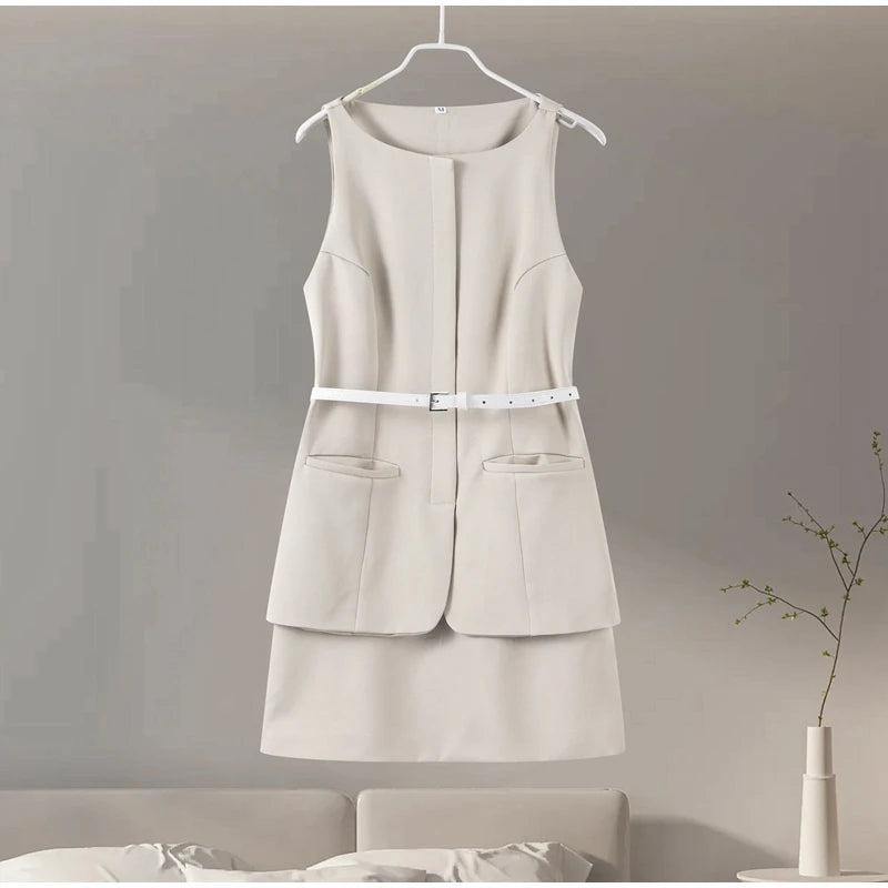 Casual Mini Dress Women Belt Slim Spring Summer O-neck Sleeveless Top Above Knee Skirt Sets Woman Vintage Fake Two Pieces Lady