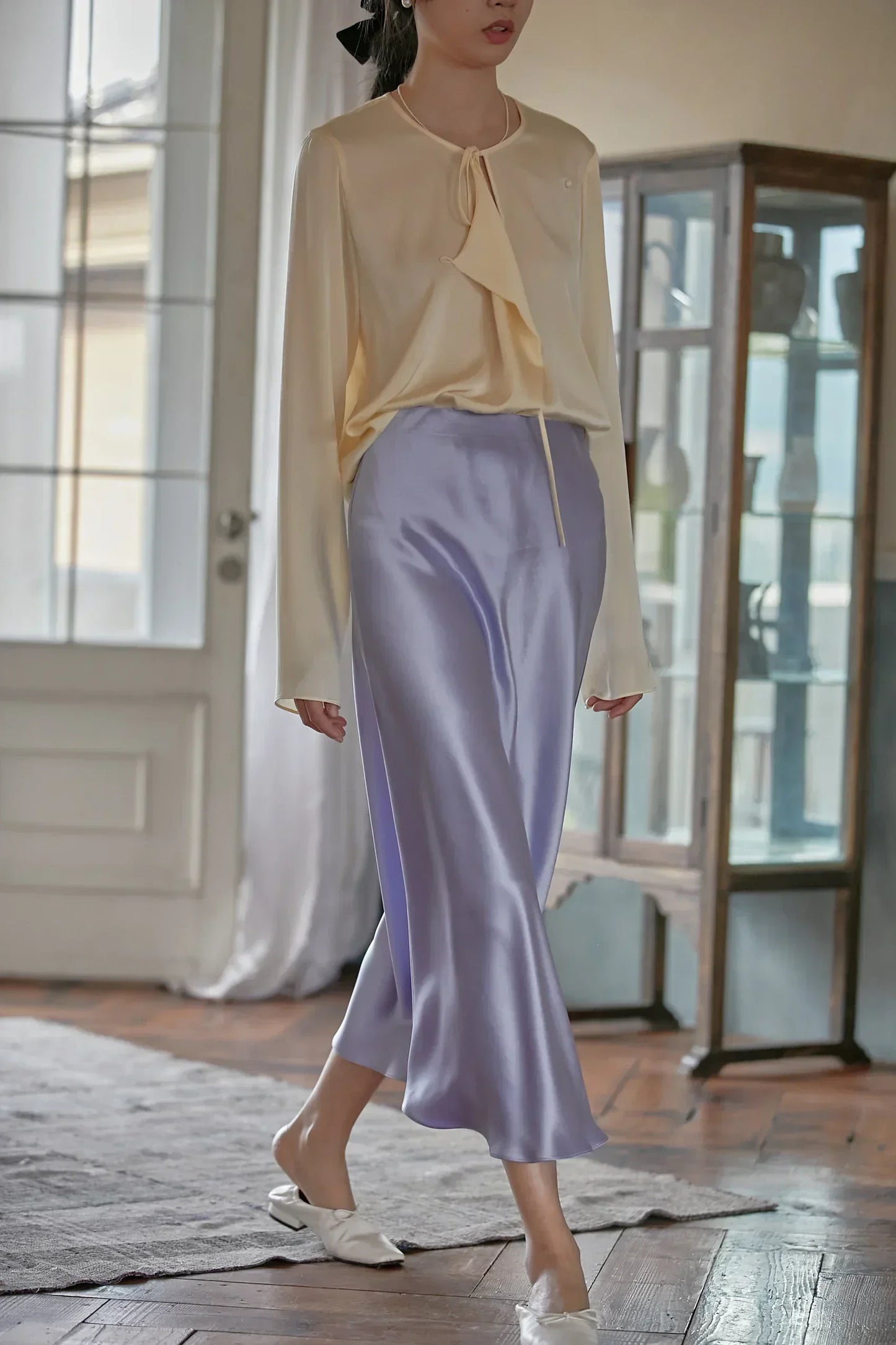 Fashion Women's Skirt A-line Silk High Waist Elegant Skirts Green Blue Long Summer Skirts Korean Side Zipper Office Satin Skirt