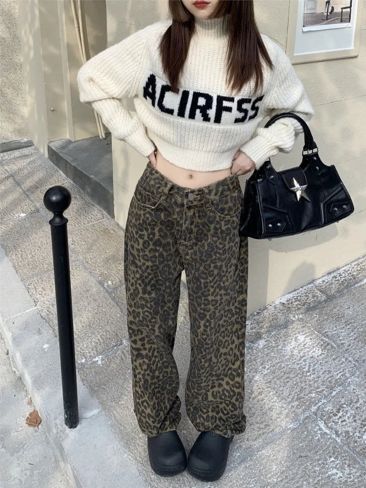 Vintage Leopard Print Pantalon Femme Wide Leg Pants Women High Waist Straight Y2k Jeans Casual Fashion Korean Jean Trousers