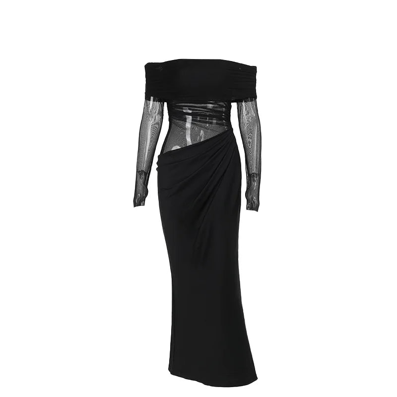 Y2k Summer New Solid Color Long Sleeve Off Shoulder Dresses Sexy Wrap Hip Mesh See Through Ruched Patchwork Long Dress 2024 New