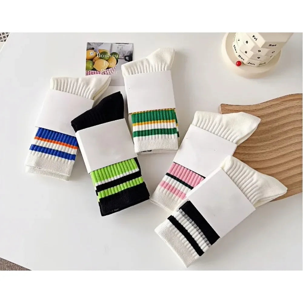1/5/10 Pairs women's and men's white sock, mid length socks, Korean version socks, striped autumn and winter casual sports sock