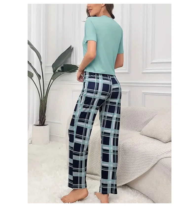 Women's Pajamas Set Casual Home Clothes Soft Comfortable Crew Neck T-Shirt & Plaid Pants Sleepwear Piece Loungewear Pyjama Femme