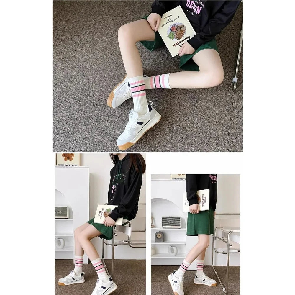 1/5/10 Pairs women's and men's white sock, mid length socks, Korean version socks, striped autumn and winter casual sports sock