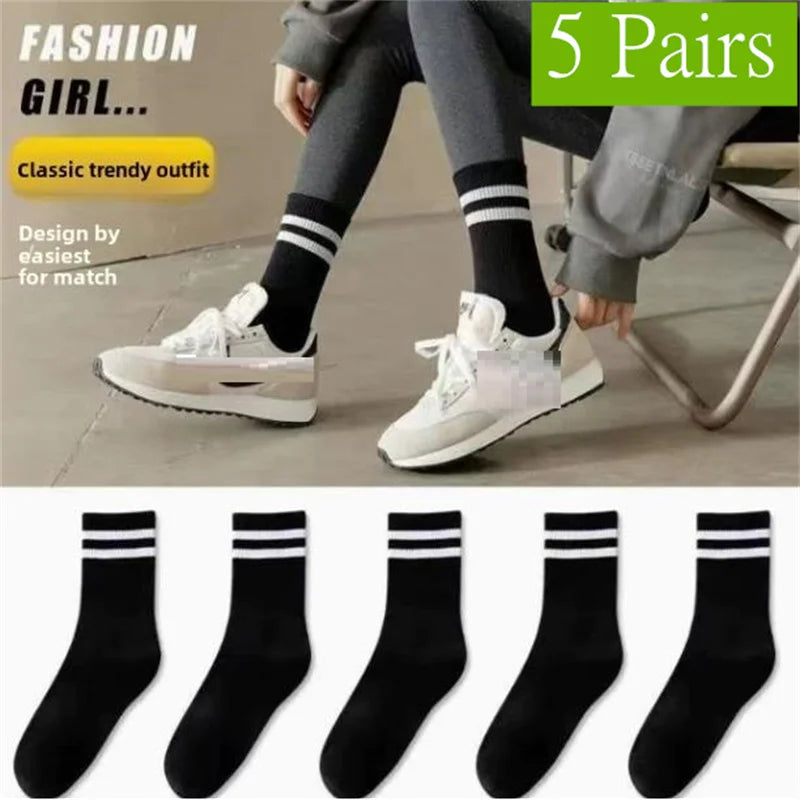 1/5/10 Pairs women's and men's white sock, mid length socks, Korean version socks, striped autumn and winter casual sports sock
