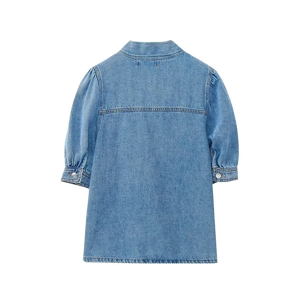 2025 Women Blouse Fashion New Bowtie Neckline Denim Shirt Casual Loose Fitting Long Sleeves Woman Blouses And Shirts Top