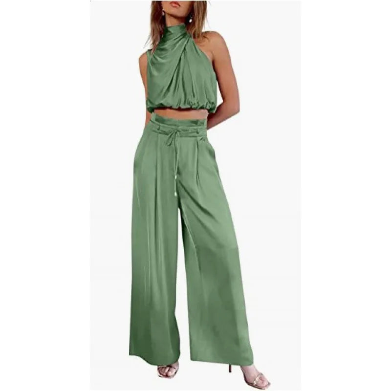 Women's Two Piece Pants Sets Open Navel Outfit Silk Pleated Texture Sleeveless Top Wide Leg Pants Set Summer Matching Sets 2024