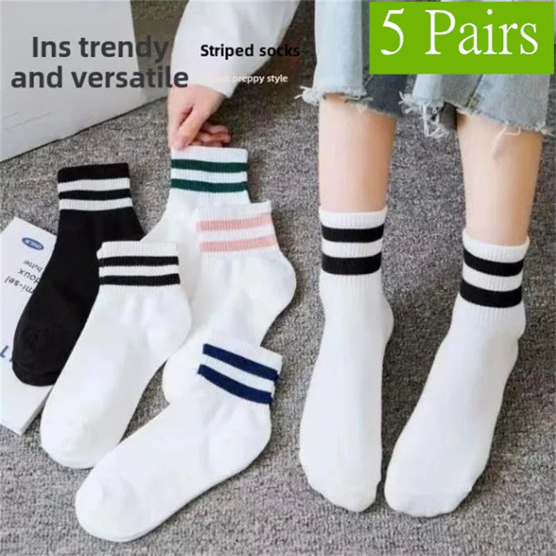 1/5/10 Pairs women's and men's white sock, mid length socks, Korean version socks, striped autumn and winter casual sports sock