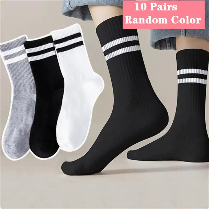 1/5/10 Pairs women's and men's white sock, mid length socks, Korean version socks, striped autumn and winter casual sports sock