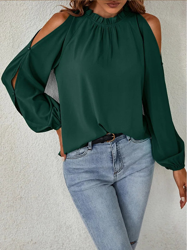 Sexy Off Shoulder Women's Blouse 2023 Spring Autumn Long Sleeve Casual Loose Shirt Black Green Tops Office Ladies Blouses