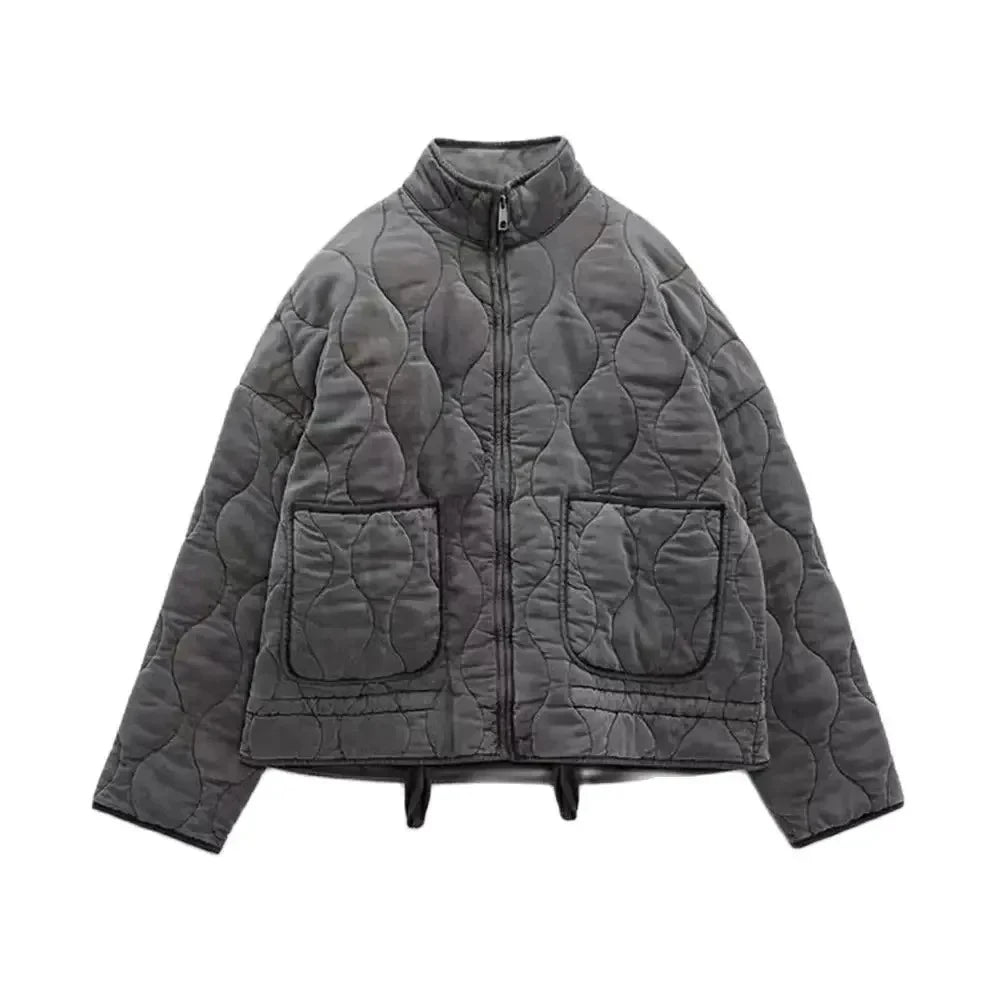 TRAF Women's Diamond Check Cotton Jacket Round Neck Loose Long Sleeve Zip Cotton Jacket Vintage Street Fashion Pocket Warm Top