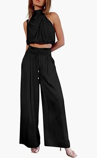 Women's Two Piece Pants Sets Open Navel Outfit Silk Pleated Texture Sleeveless Top Wide Leg Pants Set Summer Matching Sets 2024
