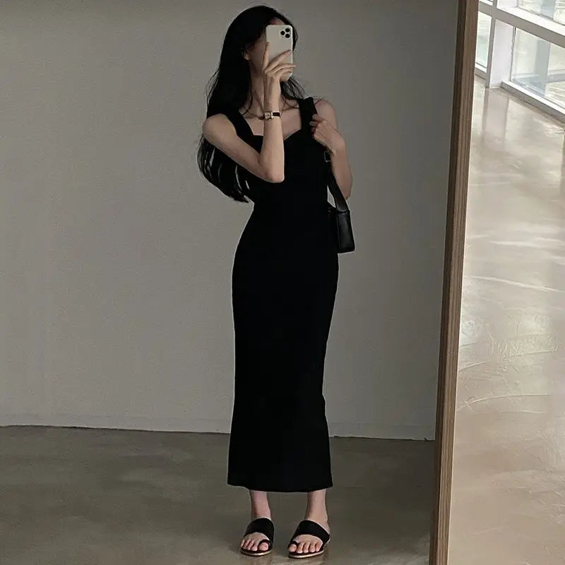 Temperament Square Neck Long Dress for Women Sexy Solid Screw Thread Sleeveless Split Dresses Slim Pullover Office Lady Vestidos