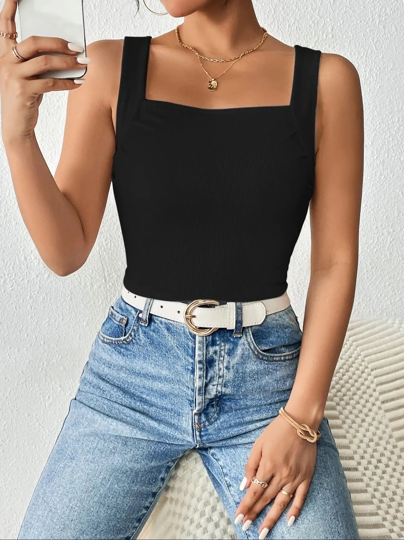 Solid Square Neck Tank Top, Casual Summer Sleeveless Top, Women's Clothing