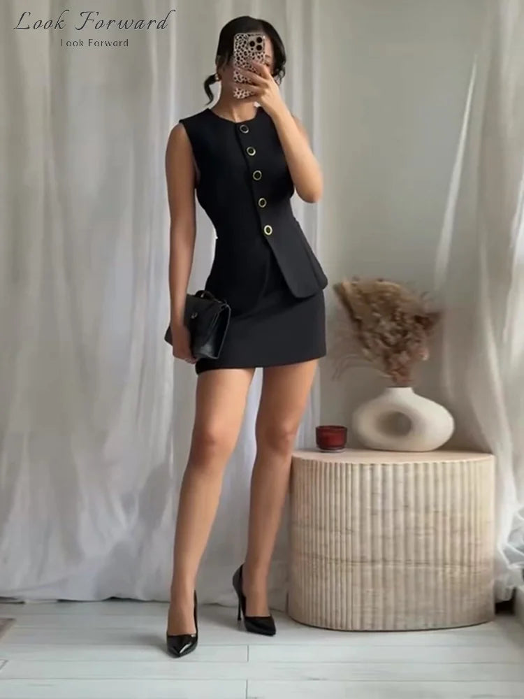 Casual Mini Dress Women Belt Slim Spring Summer O-neck Sleeveless Top Above Knee Skirt Sets Woman Vintage Fake Two Pieces Lady