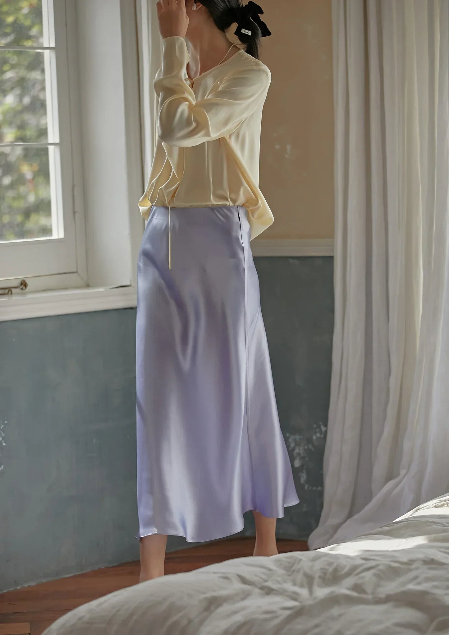 Fashion Women's Skirt A-line Silk High Waist Elegant Skirts Green Blue Long Summer Skirts Korean Side Zipper Office Satin Skirt