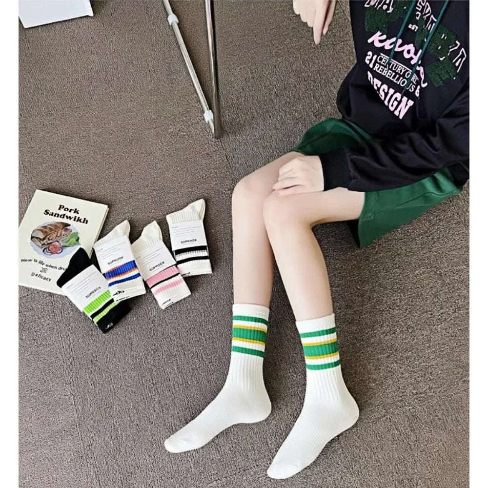 1/5/10 Pairs women's and men's white sock, mid length socks, Korean version socks, striped autumn and winter casual sports sock