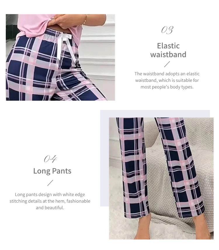 Women's Pajamas Set Casual Home Clothes Soft Comfortable Crew Neck T-Shirt & Plaid Pants Sleepwear Piece Loungewear Pyjama Femme