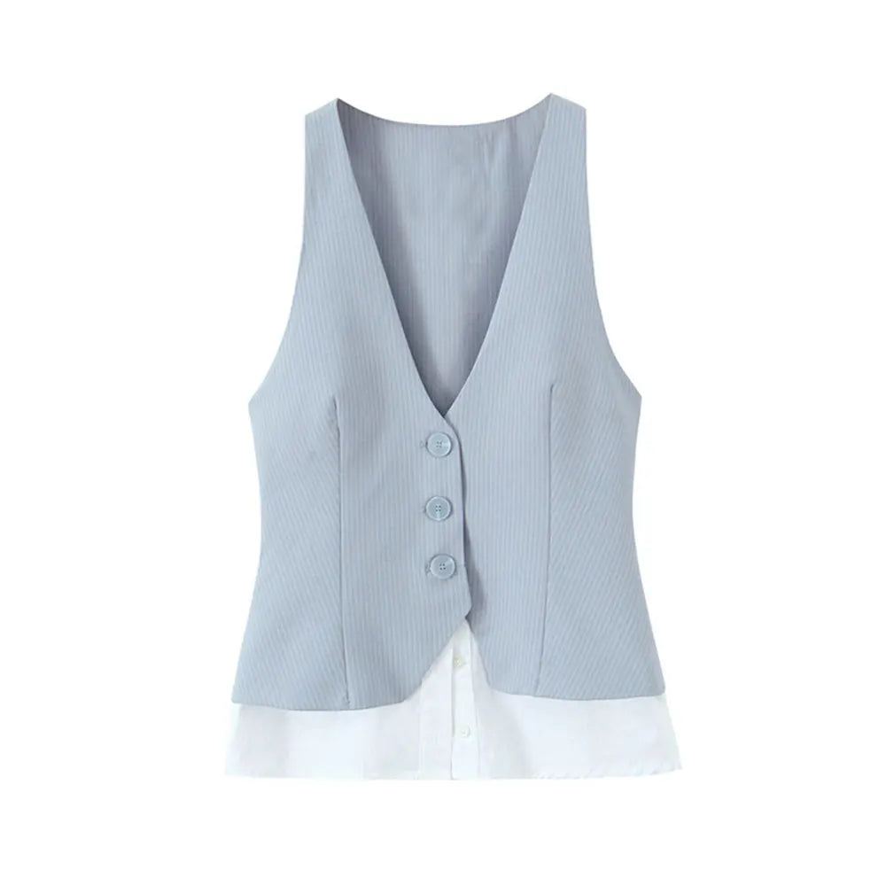 TRZA Women's Fashion Striped Patchwork Vest Sleeveless V-Neck Waistcoat Chic Outerwear Front Button Chic Vest Tops