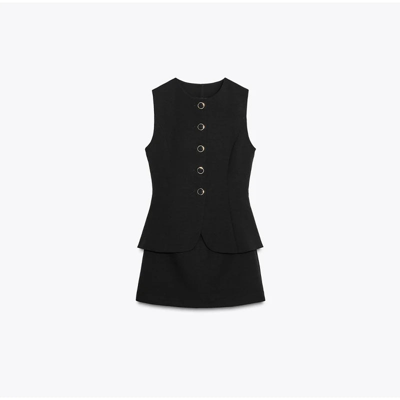 Casual Mini Dress Women Belt Slim Spring Summer O-neck Sleeveless Top Above Knee Skirt Sets Woman Vintage Fake Two Pieces Lady