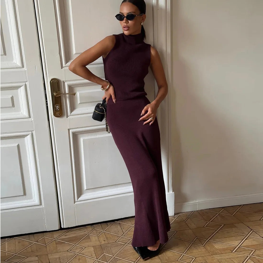 Tossy Elegant Knitwear 2 Piece-Set Long Dress Female Ribbed Sweater Pullover And Loose Patchwork Maxi Skirt Sets Ladies Outfits