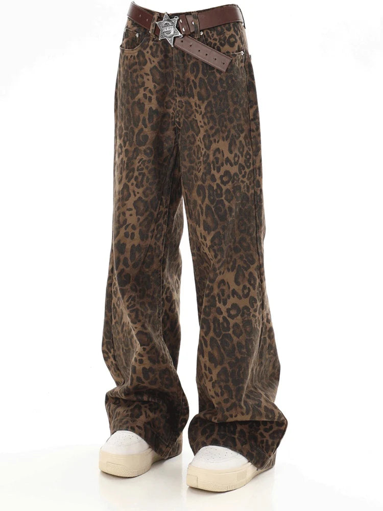 Baggy Leopard Print Y2k Jeans Women 2024 New High Waisted Casual Wide Leg Denim Pants Fashion Streetwear Retro Straight Jeans