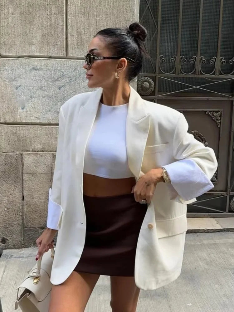 Elegant Blazer Coat For Women Fashion Pockets Lapel Oversized Suit Jackets 2025 New Autumn Office Lady Casual Loose Outerwear