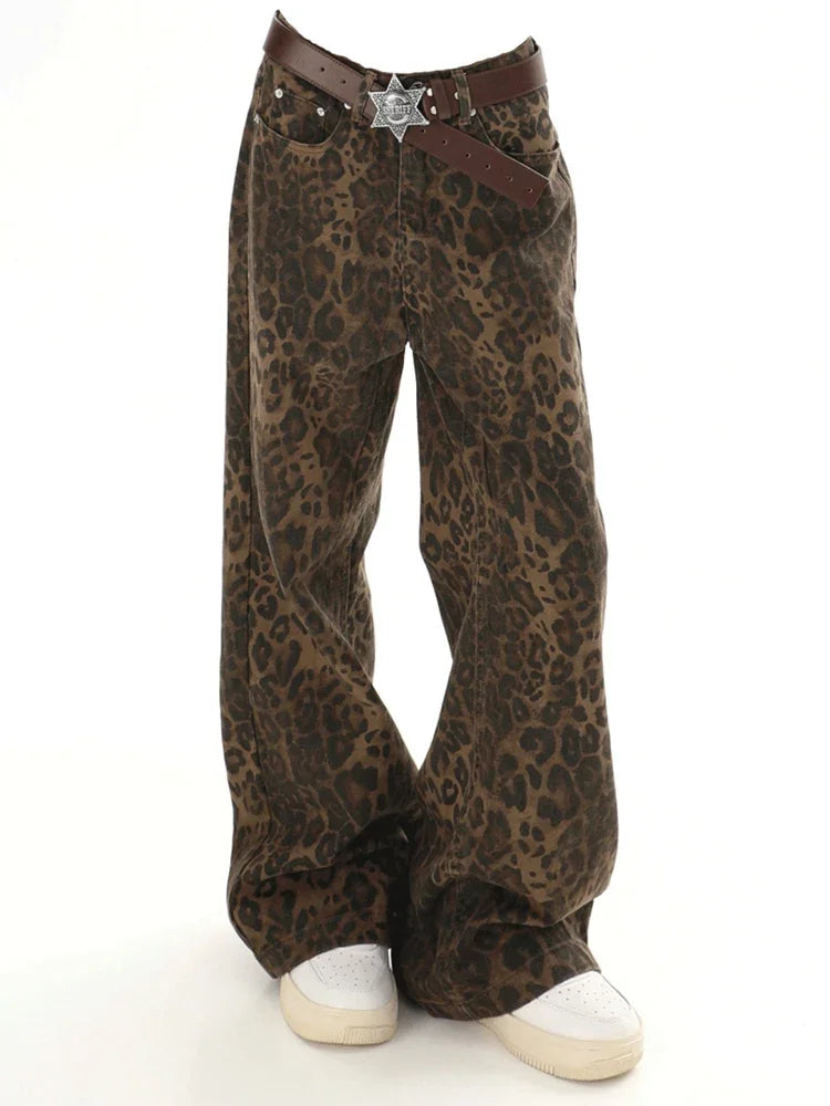 Baggy Leopard Print Y2k Jeans Women 2024 New High Waisted Casual Wide Leg Denim Pants Fashion Streetwear Retro Straight Jeans