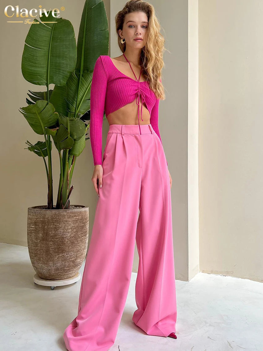 Clacive Blue Office Women'S Pants 2021 Fashion Loose Full Length Ladies Trousers Casual High Waist Wide Pants For Women