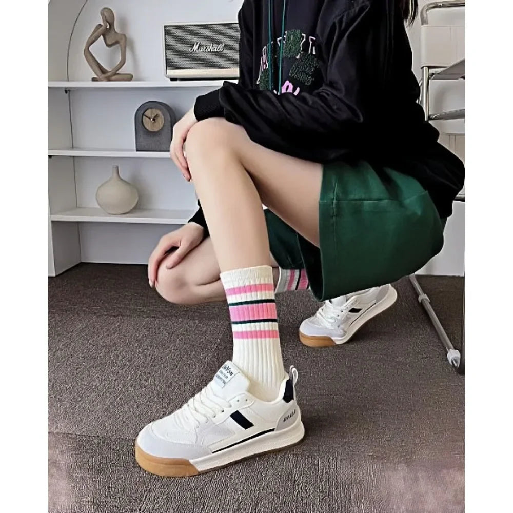 1/5/10 Pairs women's and men's white sock, mid length socks, Korean version socks, striped autumn and winter casual sports sock