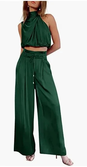 Women's Two Piece Pants Sets Open Navel Outfit Silk Pleated Texture Sleeveless Top Wide Leg Pants Set Summer Matching Sets 2024