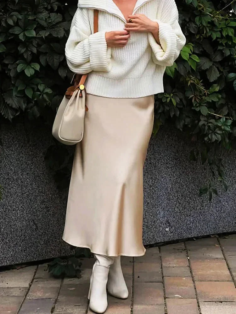 Fashion Women's Skirt A-line Silk High Waist Elegant Skirts Green Blue Long Summer Skirts Korean Side Zipper Office Satin Skirt