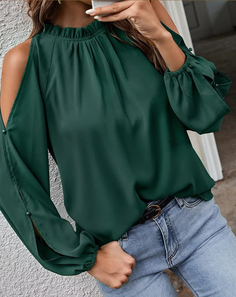 Sexy Off Shoulder Women's Blouse 2023 Spring Autumn Long Sleeve Casual Loose Shirt Black Green Tops Office Ladies Blouses